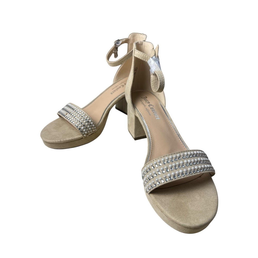 Juicy Couture Nelly Platform Dress‎ Sandals Nude Rhinestone Block Heels Size 8.5